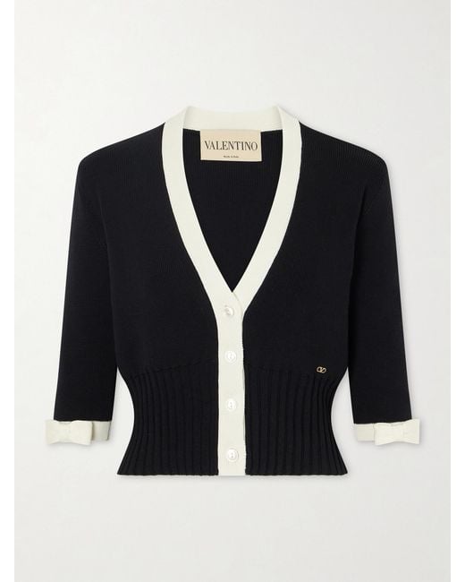 Valentino Garavani Blue Cropped Bow-Embellished Two-Tone Ribbed-Knit Cotton Cardigan