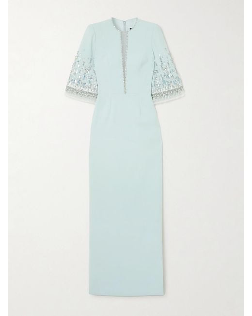 Jenny Packham Blue Kalani Embellished Tulle-Trimmed Cady Gown