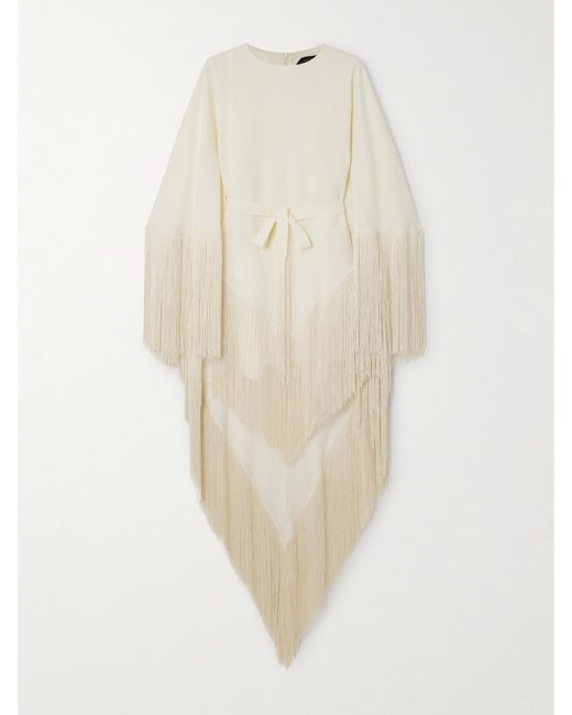 ‎Taller Marmo White 1974 Belted Fringed Crepe Kaftan