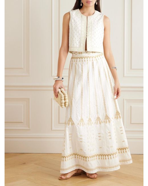 Emporio Sirenuse Natural Camille Calliope Paneled Embroidered Cotton-Blend Poplin Maxi Skirt