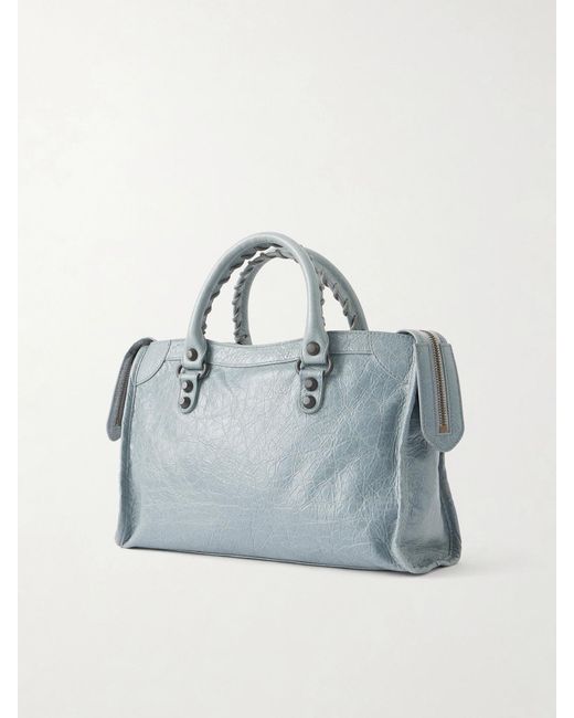 Balenciaga Blue Le City Small Embellished Crinkled-Leather Tote