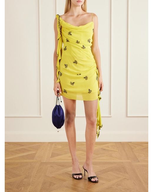 Clio Peppiatt Yellow Isola Asymmetric Gathered Embellished Chiffon Mini Dress