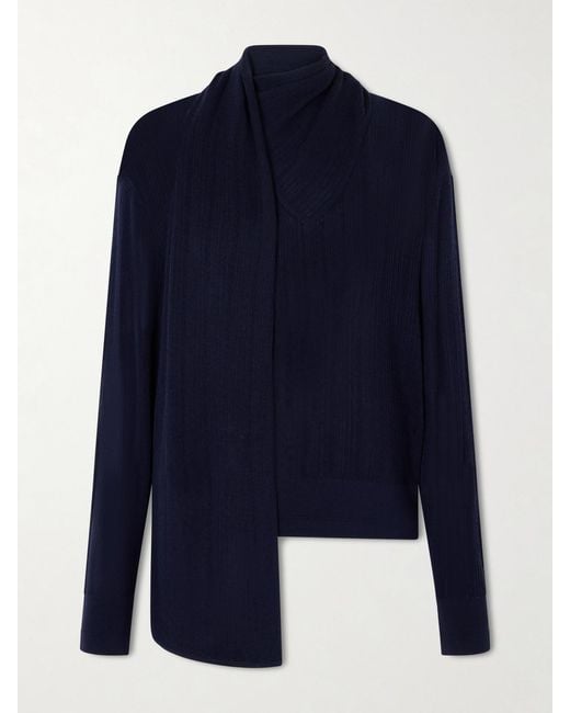 Maria McManus Blue Scarf-Detailed Ribbed Merino Wool Sweater
