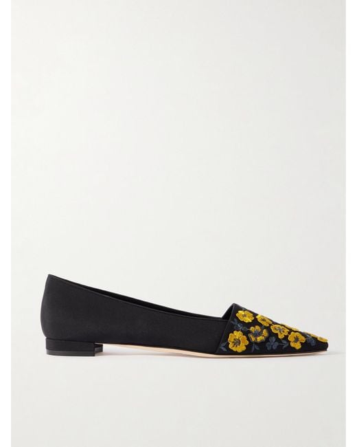 Manolo Blahnik White Safiye Embroidered Crepe De Chine Point-Toe Flats