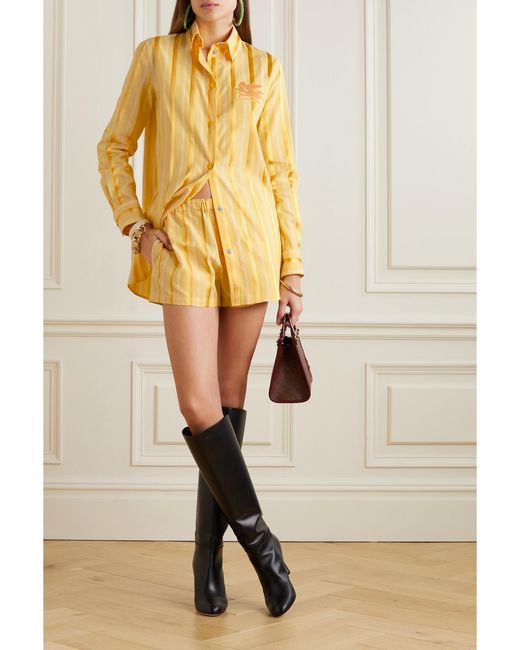 Etro Yellow Hemd Aus Einer Gestreiften Baumwoll-Seidenmischung Mit Stickerei