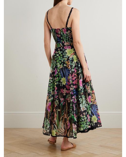 Charo Ruiz White Cael Belted Pleated Paneled Lace-Trimmed Floral-Print Cotton-Blend Voile Midi Dress