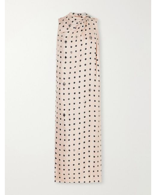 Altuzarra White Jackie Bead-Embellished Gathered Printed Silk-Satin Maxi Dress
