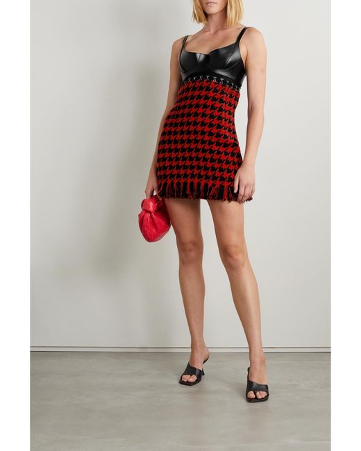 Monse Red Leather-Trimmed Fringed Knitted Mini Dress