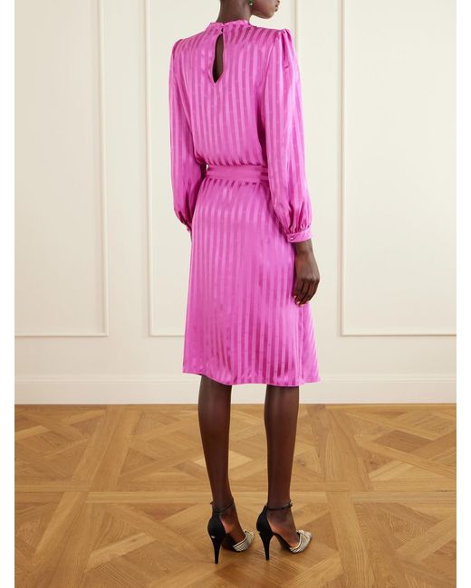 Valentino Garavani Pink Logo-Jacquard Belted Striped Silk-Satin Midi Dress