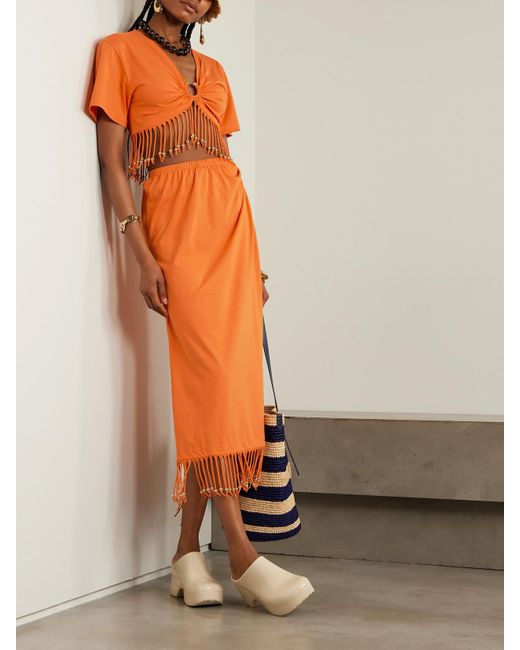 Rabanne Orange Cropped Fringed Embellished Cotton-Jersey Top