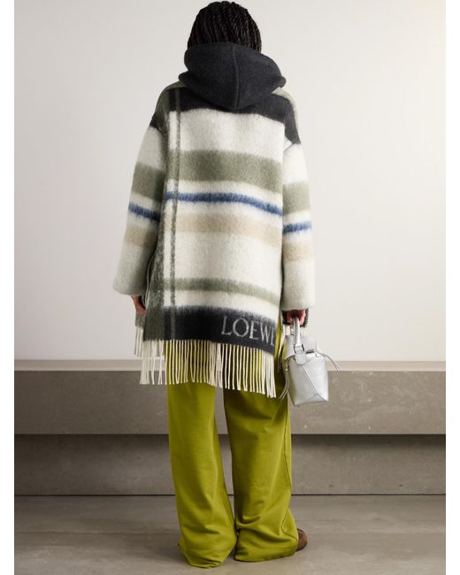 Manteau À Capuche En Laine Mélangée À Rayures, Franges Et Finitions Façon Écharpe Loewe en coloris Gray