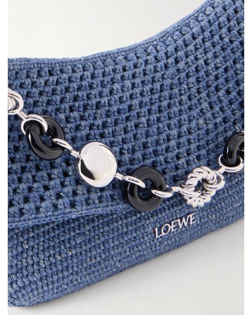 Loewe Blue Paula's Ibiza Ola Embellished Leather-Trimmed Raffia Shoulder Bag