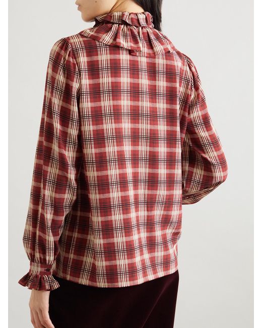 Saint Laurent Red Schluppenbluse Aus Karierter Seide Mit Raffungen