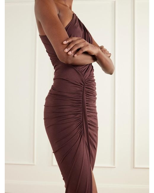 Rick Owens Purple Avra One-Shoulder Ruched Jersey Maxi Dress