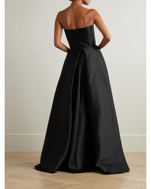 Solace London Black Tiffany Crystal-Embellished Strapless Pleated Satin-Twill Gown