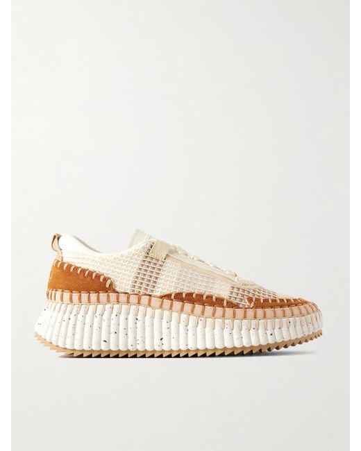Chloé Natural Nama Embroidered Suede And Recycled-Mesh Sneakers