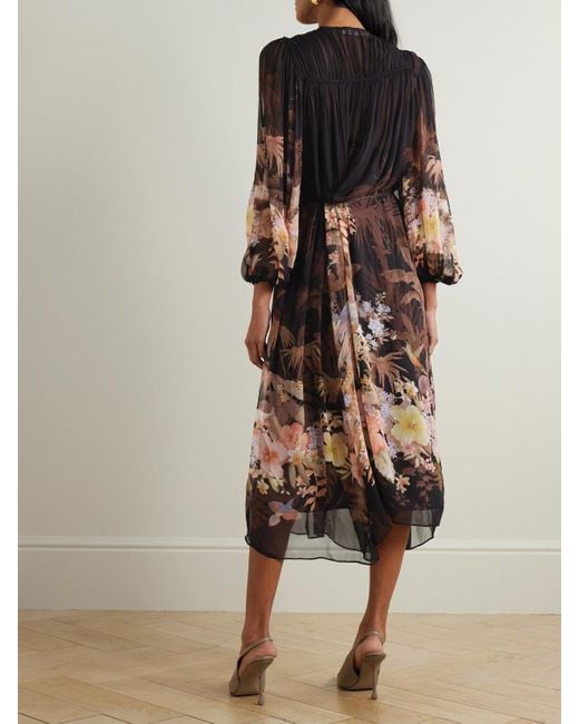 Zimmermann Black Illuminate Drawn Belted Gathered Printed Crepon Midi Dress