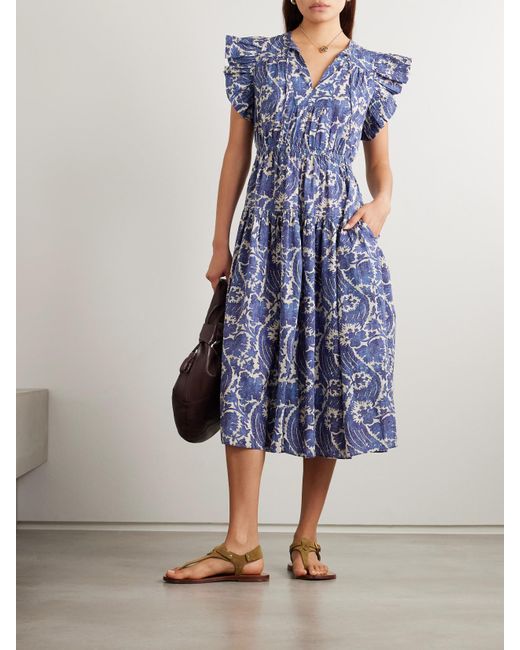 Robe Midi En Coton Mélangé À Imprimé Fleuri Et À Volants Kairi Ulla Johnson en coloris Blue