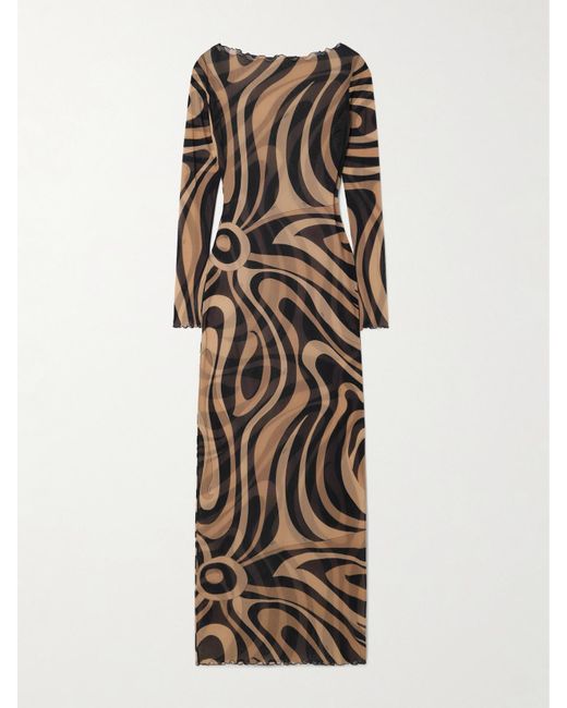 Emilio Pucci Natural Marmo Printed Mesh Maxi Dress
