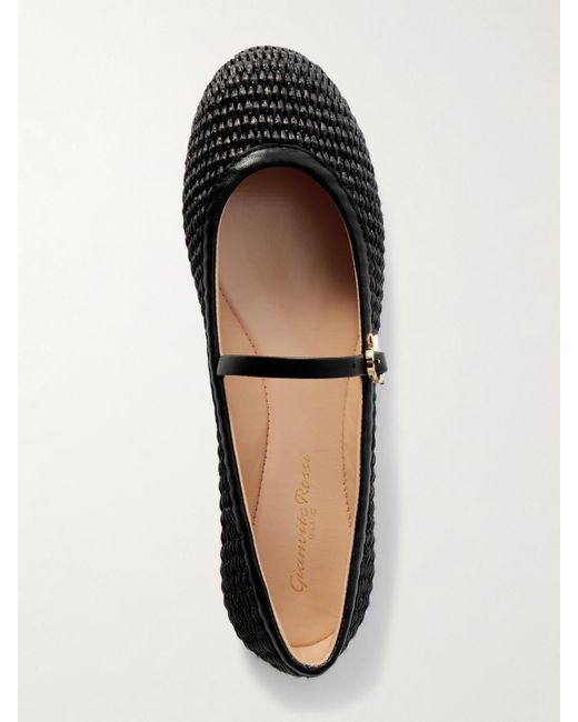 Gianvito Rossi Carla Marbella Leather-Trimmed Raffia Mary Jane Flats in ...
