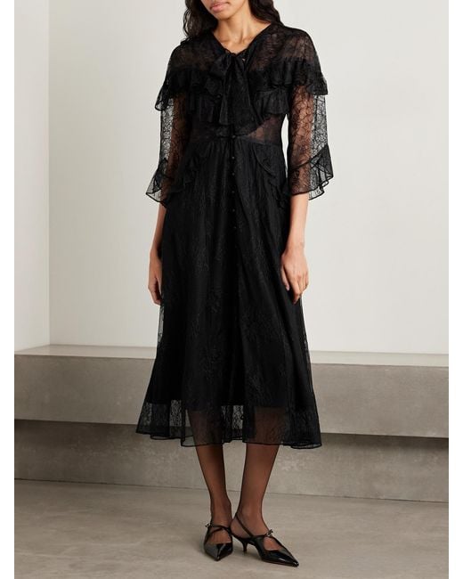 Maison Mayle Black Majorelle Tie-Neck Ruffled Chantilly Lace Maxi Dress