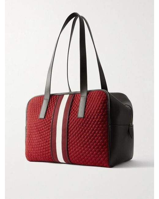 Bally Red Weekender Leather And Striped Canvas-Trimmed Quilted Felt Tote