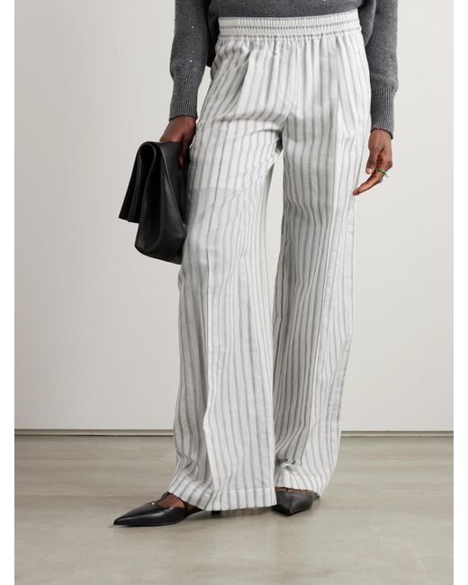 Brunello Cucinelli White Pleated Striped Cotton And Silk-Blend Wide-Leg Pants