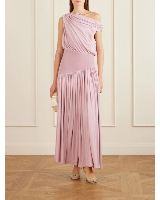 Abadia Pink Gwen Asymmetric Draped Jersey-Trimmed Stretch-Bamboo Maxi Dress