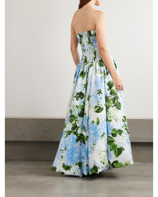 Aje. Blue Behold Trägerlose Robe Aus Baumwollpopeline Mit Blumenprint Und Raffungen