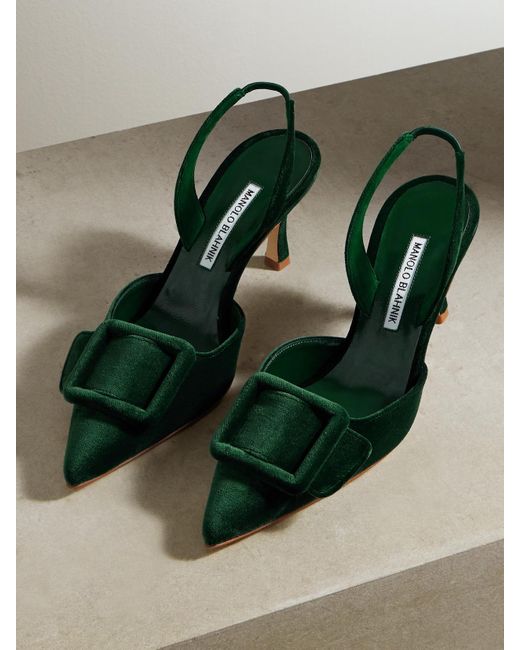 Manolo Blahnik Green Maysli 70 Buckled Velvet Slingback Pumps