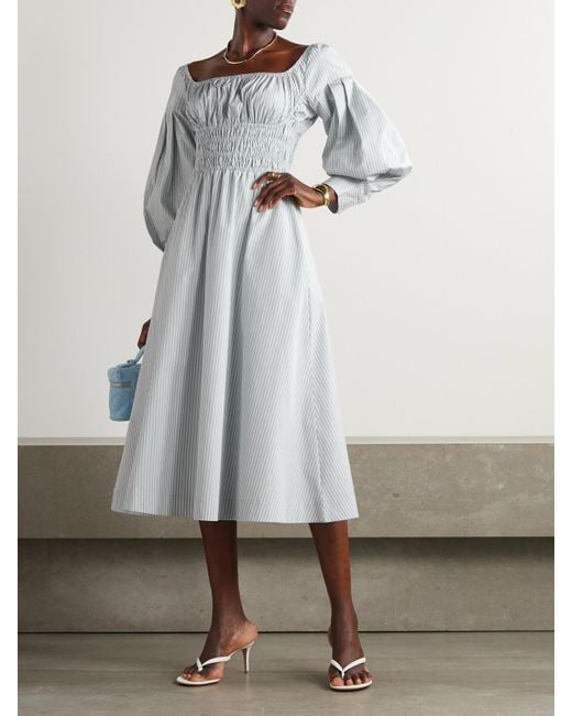 Altuzarra Gray Josie Shirred Striped Cotton-Poplin Midi Dress
