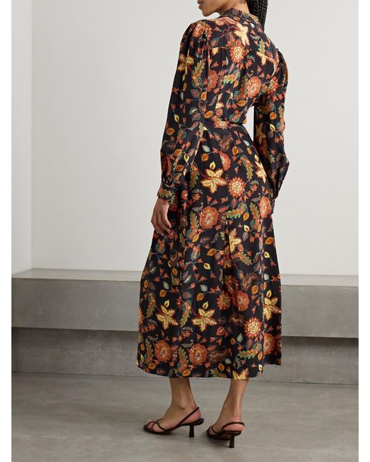 Ulla Johnson Black Giselle Belted Floral-Print Silk Midi Dress