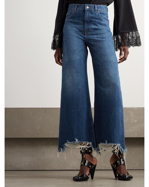 Chloé Blue Cropped Distressed High-Rise Wide-Leg Jeans