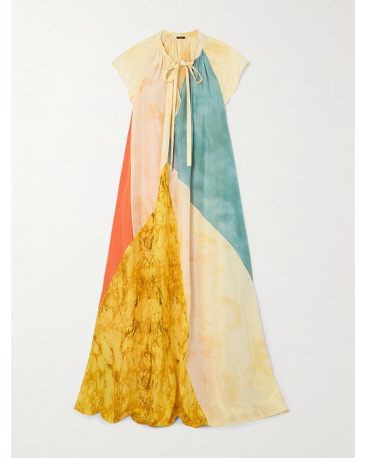 Joseph Yellow Tulipa Tie-Neck Paneled Printed Silk Maxi Dress