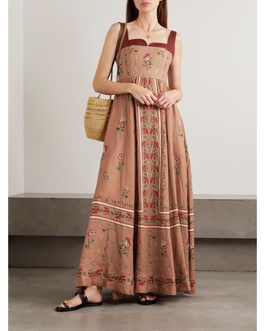 Agua Bendita Brown Jaspe Floral-Printed Linen Maxi Dress