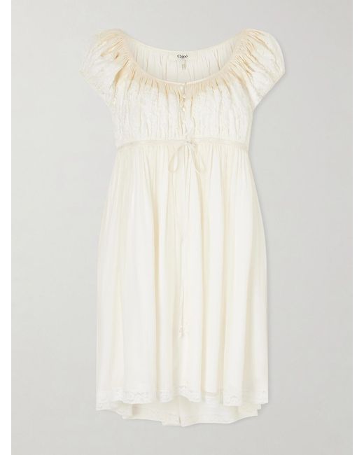 Chloé White Lace-Trimmed Silk-Crepon Mini Dress