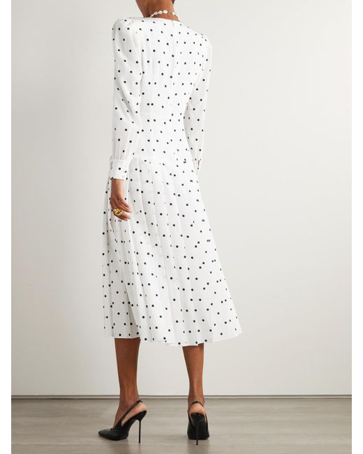 Alessandra Rich White Midikleid Aus Seide Mit Polka-Dots, Falten Und Schleifen