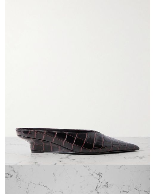 Totême  Gray Sharp Croc-Effect Leather Mules