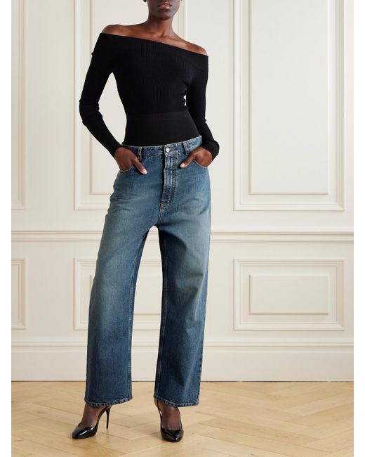 Alaïa Blue Layered Jersey-Trimmed Wide-Leg Jeans
