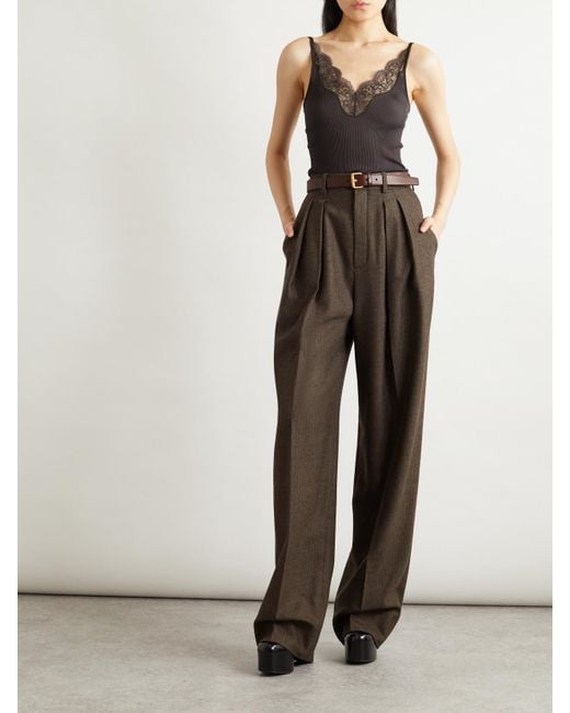 Saint Laurent Brown Hose Mit Weitem Bein Aus Wolle Mit Fischgratmuster Und Falten