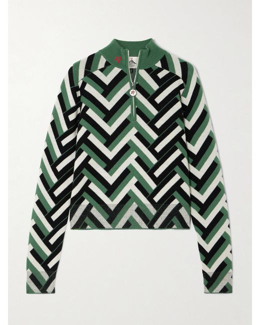 Perfect Moment Green La Tour Jacquard-Knit Merino Wool Half-Zip Sweater