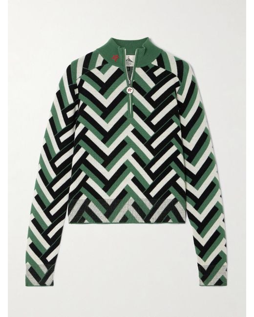 Perfect Moment Green La Tour Jacquard-Knit Merino Wool Half-Zip Sweater