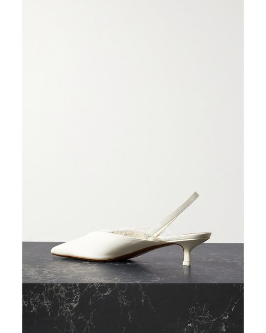 Neous White Irena Lace-Trimmed Crepe De Chine Slingback Pumps