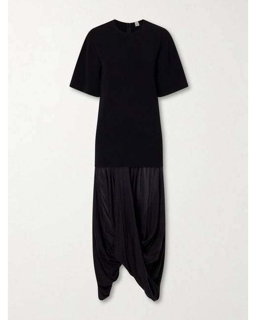 Totême Black Cocoon Draped Voile-Paneled Knitted Midi Dress