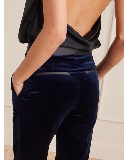 Victoria Beckham Blue Alina Satin-Trimmed Cotton-Blend Velvet Wide-Leg Pants