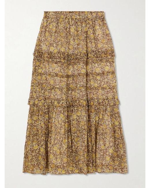 Isabel Marant Natural Volomia Floral-Print Tiered Cotton Midi Skirt