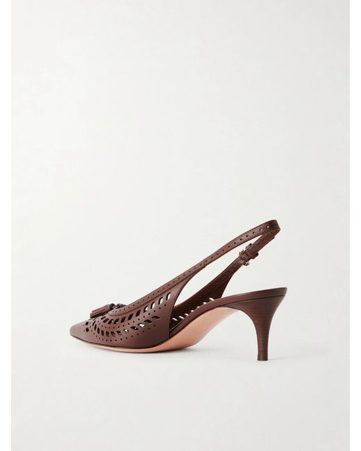 Gianvito Rossi Brown 55 Laser-Cut Leather Kitten Heel Slingback Pumps