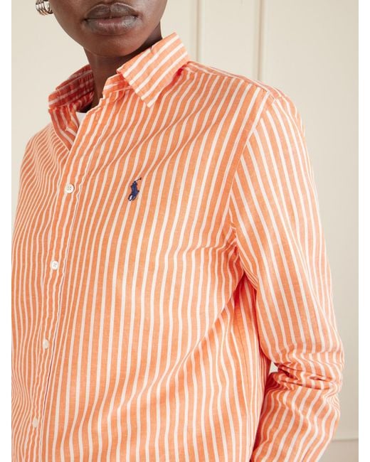 Polo Ralph Lauren Pink Embroidered Striped Cotton And Linen-Blend Shirt