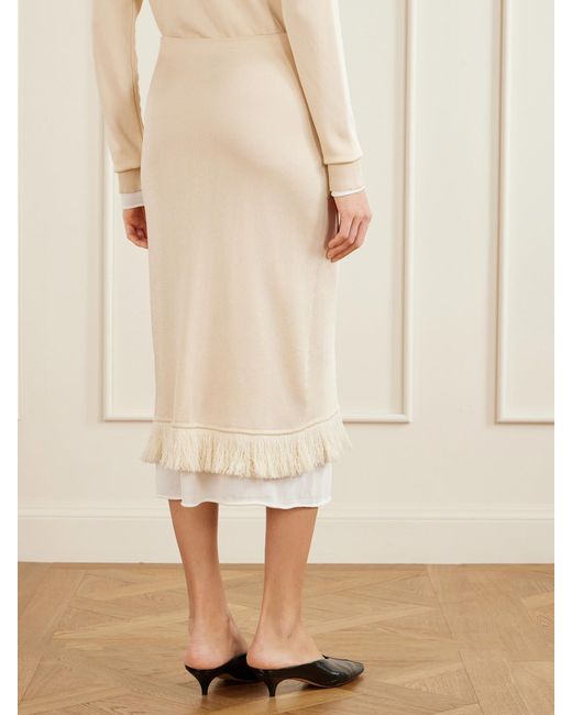Bottega Veneta Natural Fringed Silk Midi Skirt