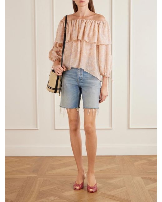 Chloé Natural Off-The-Shoulder Ruffled Floral-Print Silk-Charmeuse Blouse